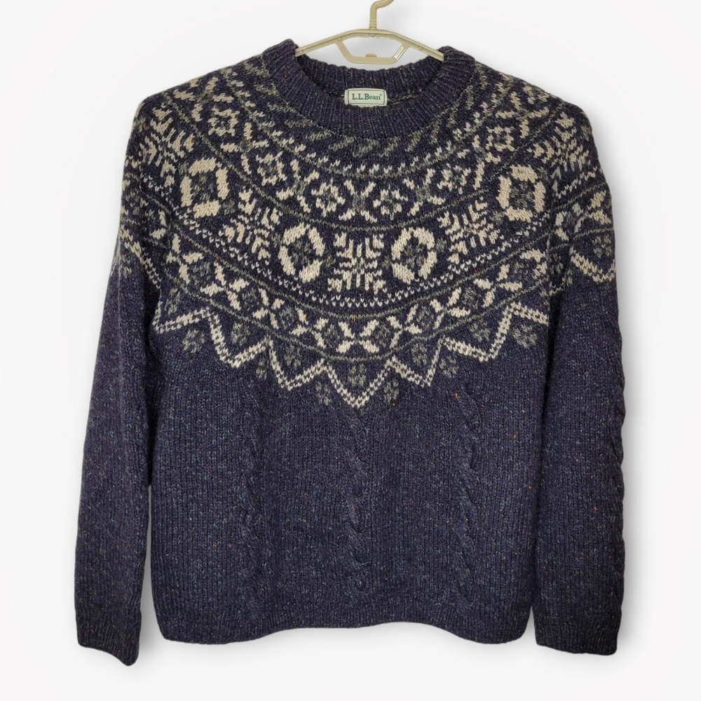LL Bean Mens Chunky Knit Fair Isle Wool Sweater XL Navy Blue